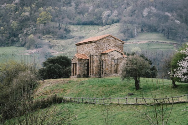 Exterior view of St Christine of Lena church at spring. Santa Cristina de Lena is a Catholic pre-Romanesque church located in Asturias, Spain, Europe