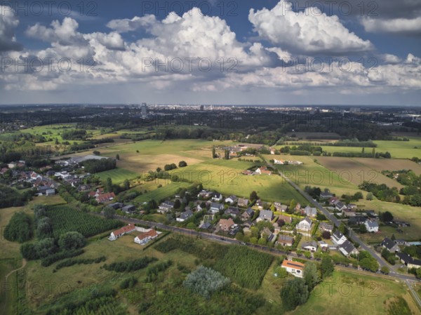 De Pinte, Belgium, August 2020: Aerial view of the suburbs of Ghent in De Pinte, residential area mixed with agriculture, Europe