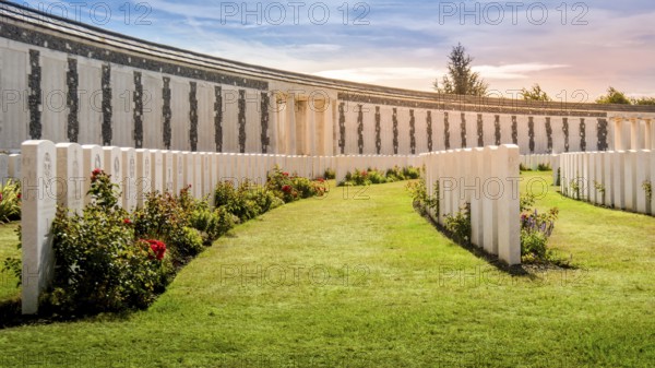 Passendale, West Flanders, Belgium, Aug. 2018: view on the Tyne Cot Commonwealth War Graves Cemetery and Memorial to the Missing, burial ground for the dead of the First World War in the Ypres Salient, Europe