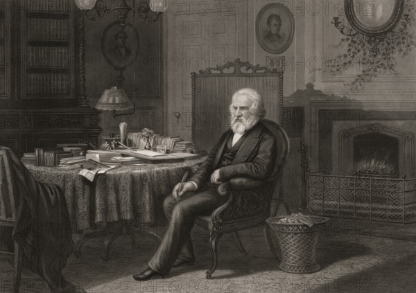 Henry Wadsworth Longfellow, 1807 – 1882, American poet, in his Library at the Craigie House in West Cambridge Massachusetts