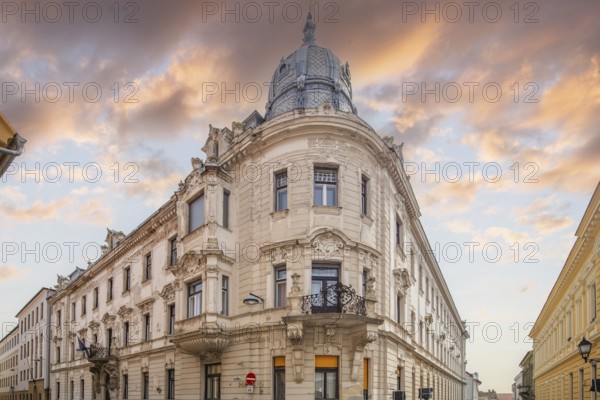 Old, beautifully decorated buildings in a historic city centre. Picture from the city centre of the five-church town, Pécs, Dél-Dunántúl, Hungary, Europe