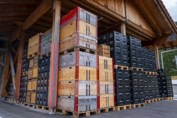 Modern and Old Beer Boxes in Sunny Summer Day in Pontresina, Grisons, Switzerland, Europe