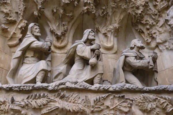 The sculptures on the Nativity facade of Sagrada Familia in Barcelona, Spain, Europe