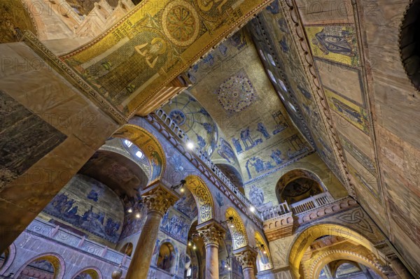 Byzantine church interior with golden mosaics and majestic arches, Patriarchal Cathedral Basilica of Saint Mark commonly known as St Mark's Basilica, Venice, Veneto, Italy, Europe