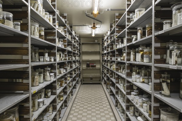 Brussels Capital Region, Belgium, 03 19 2022, Isle with shelves in the archive of the museum for natural science, Europe
