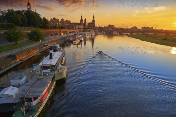 Dresden skyline reflecion in Elbe river at sunset in Saxony of Germany