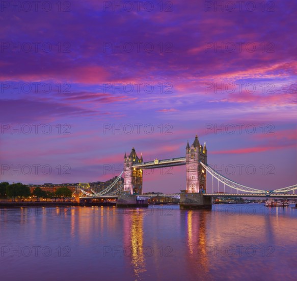 London Tower Bridge sunset on Thames river in England