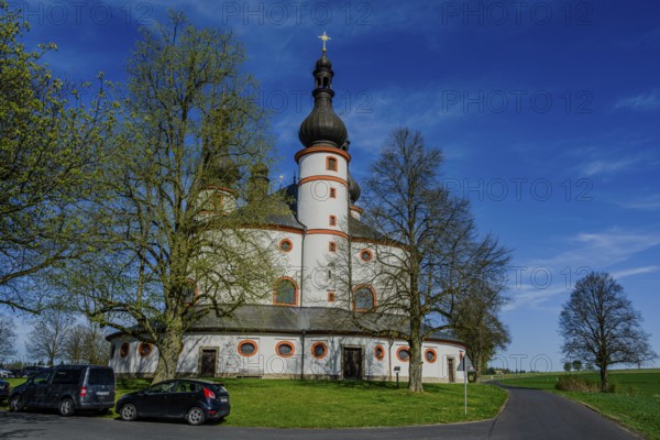 A baroque church with round architecture under a clear blue sky, surrounded by trees and a road, Kappl, Waldsassen, Upper Palatinate, Bavaria, Germany, Europe