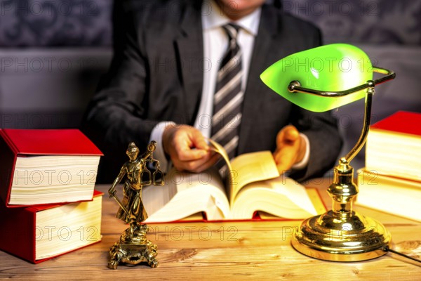 Office of a lawyer with books and a statue of Lady Justice, goddess Justitia, on the desk