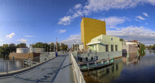 Panoramic photo of the Futurist Groninger Museum on the Werkmanbrug bridge on the Zuiderhaven canal, Groningen, province of Groningen, Holland, Netherlands