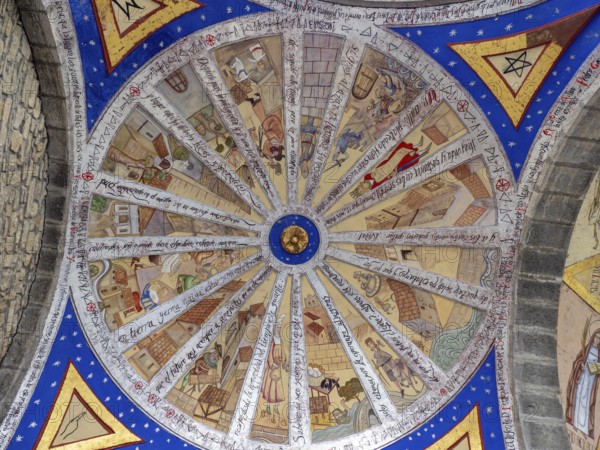 Mural painting representing life in the medieval town, 20th century, Parish Church of Our Lady of the Assumption, Artziniega, Alava, Basque Country, Spain, Europe