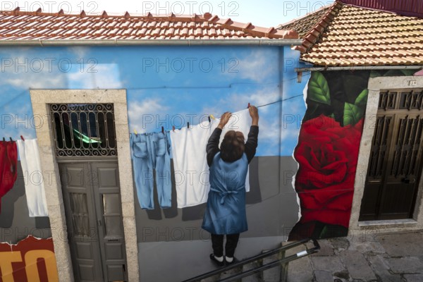Illusion painting on a house facade in the historic centre, city of Porto, Portugal, Europe
