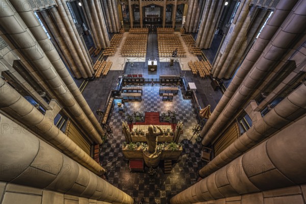 Koekelberg, Brussels Capital Region, Belgium, 10 30 2019 Art deco interior design the Catholic Basilica of the Sacred Heart, ultra wide angle view from above with leading lines of the pilars, Europe