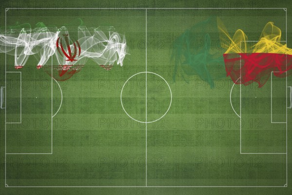 Iran vs Benin Soccer Match, national colors, national flags, soccer field, football game, Competition concept, Copy space