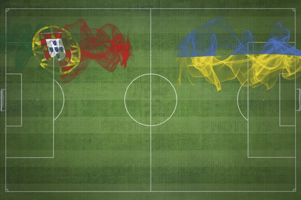 Portugal vs Ukraine Soccer Match, national colors, national flags, soccer field, football game, Competition concept, Copy space
