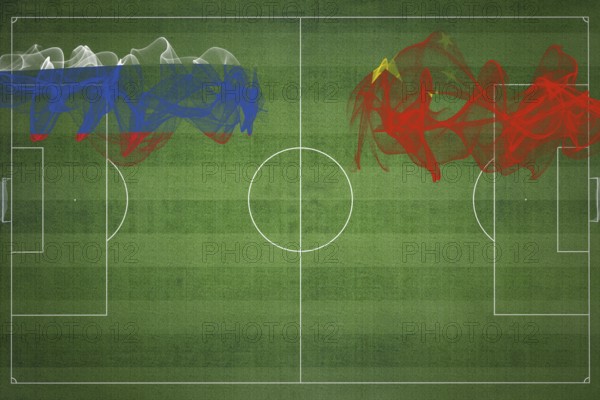 Russia vs China Soccer Match, national colors, national flags, soccer field, football game, Competition concept, Copy space
