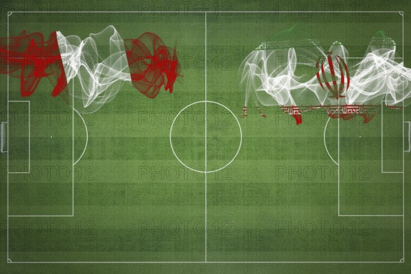 Peru vs Iran Soccer Match, national colors, national flags, soccer field, football game, Competition concept, Copy space
