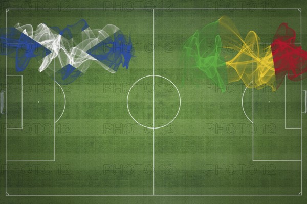 Scotland vs Mali Soccer Match, national colors, national flags, soccer field, football game, Competition concept, Copy space