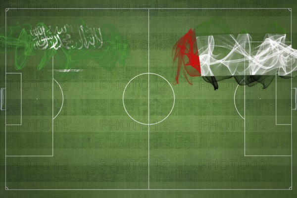 Saudi Arabia vs United Arab Emirates Soccer Match, national colors, national flags, soccer field, football game, Competition concept, Copy space