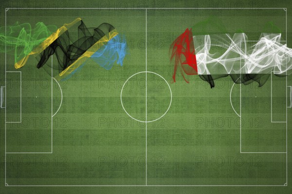 Tanzania vs United Arab Emirates Soccer Match, national colors, national flags, soccer field, football game, Competition concept, Copy space