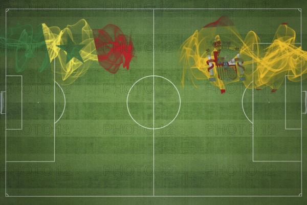 Senegal vs Spain Soccer Match, national colors, national flags, soccer field, football game, Competition concept, Copy space