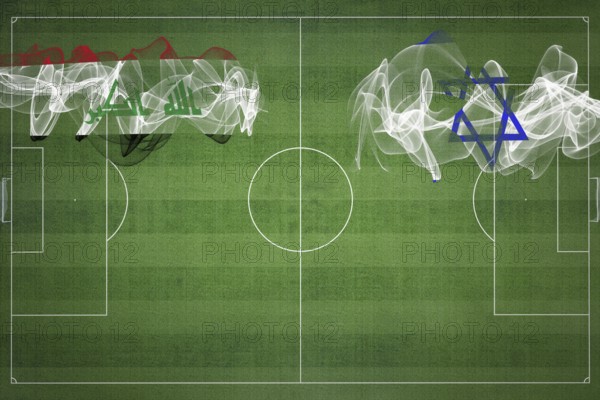 Iraq vs Israel Soccer Match, national colors, national flags, soccer field, football game, Competition concept, Copy space