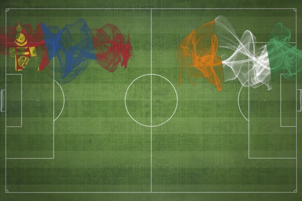 Mongolia vs Ivory Coast Soccer Match, national colors, national flags, soccer field, football game, Competition concept, Copy space