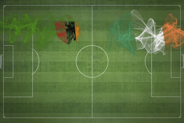 Zambia vs Ireland Soccer Match, national colors, national flags, soccer field, football game, Competition concept, Copy space