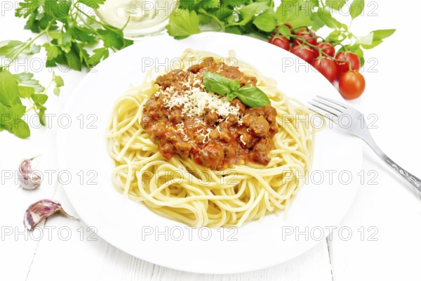 Spaghetti pasta with Bolognese sauce of minced meat, tomato juice, garlic, wine and spices with cheese in a plate, vegetable oil, spicy herb on a light wooden board background