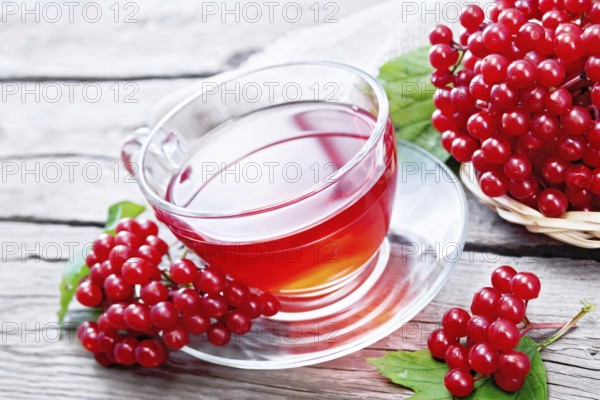 Tea with viburnum in a glass cup, green leaves, wicker plate with berries and burlap on wooden board background