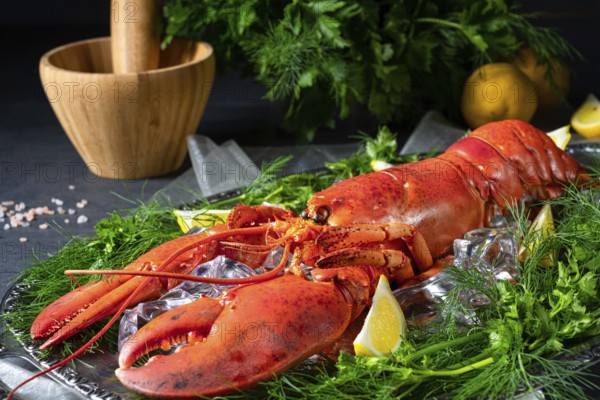 The cooked lobster on ice