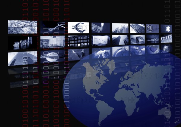Business corporate, world map, multiple screen. Metaphor mixing photo and ilustration in blue color