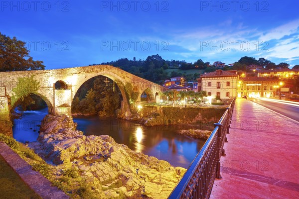 Cangas de Onis roman bridge on Sella river in Asturias of Spain