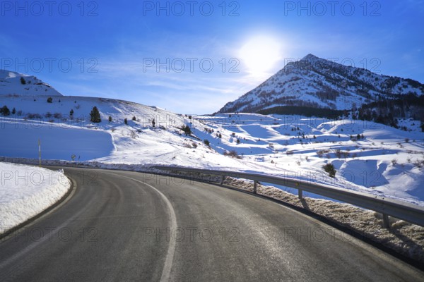 Cerler ski area road with snow in Huesca Pyrenees of Spain