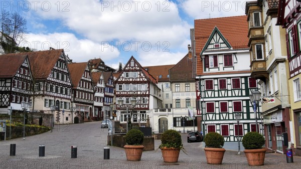 Historic market square in Calw, half-timbered houses, Hermann Hesse town