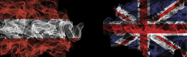 Flags of Austria and the United Kingdom on a black background, Austria vs. United Kingdom Smoke Flags