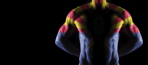Arizona flag on muscled male torso with abs, Arizona bodybuilding concept, black background