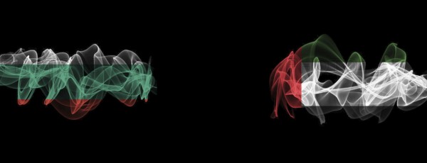 Flags of Bulgaria and UAE on black background, Bulgaria vs United Arab Emirates smoke flags
