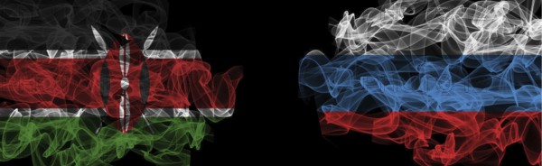 Flags of Kenya and Russia on a black background, Kenya vs Russia Smoke Flags