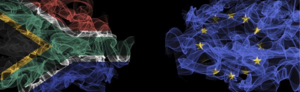 Flags of South Africa and EU on Black background, South Africa vs Europe Union Smoke Flags