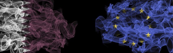 Flags of Qatar and EU on Black background, Qatar vs Europe Union Smoke Flags