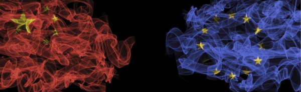 Flags of China and EU on Black background, China vs Europe Union Smoke Flags