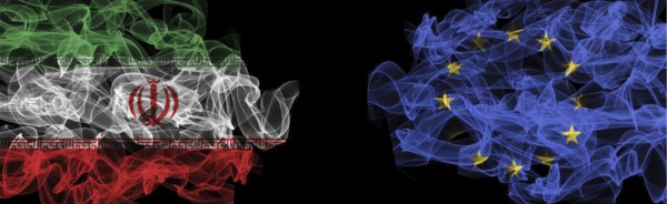 Flags of Iran and EU on Black background, Iran vs Europe Union Smoke Flags