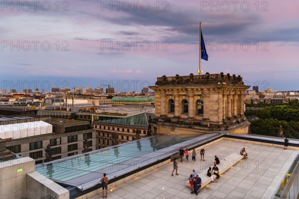 Berlin, Germany, July 28, 2019: Cityscape of Berlin at sunset from the rooftop of the new Reichstag building, Europe