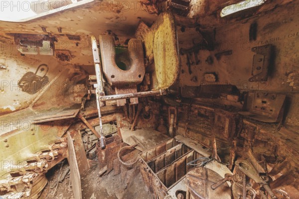 Dilapidated interior of a tank with rusty metal, full of old, rotting parts and structures, M41 Bulldog, Lost Place, Brand, Aachen, North Rhine-Westphalia, Germany, Europe