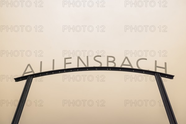 Metal sign with the lettering Allensbach in front of a beige sky with Sahara dust, harbour, Allensbach, Lake Constance, Baden-Württemberg, Germany, Europe