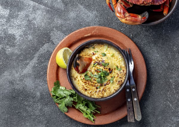 Food, Food, CHILEAN FOOD. Baked crabmeat crab meat with cheese, cream and bread. Traditional dish of chilean coast. Pastel o chupe de jaiba