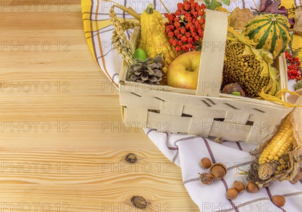 Lovely autumn decoration with all sorts of pumpkins, corn, grain, sunflower and forest fruits, set in a basket, on a towel and a wooden table