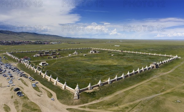 Aerial panorama view of the Kharkhorin Erdene Zuu Monastery in Kharkhorin (Karakorum), Mongolia. Karakorum was the capital of the Mongol Empire between 1235 and 1260