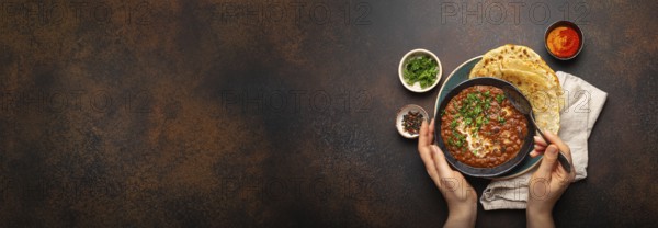 Female hands holding a bowl, eating traditional Indian Punjabi dish Dal makhani with lentils and beans served with naan flat bread, fresh cilantro on brown concrete rustic table top view. Copy space, food photography, food photography